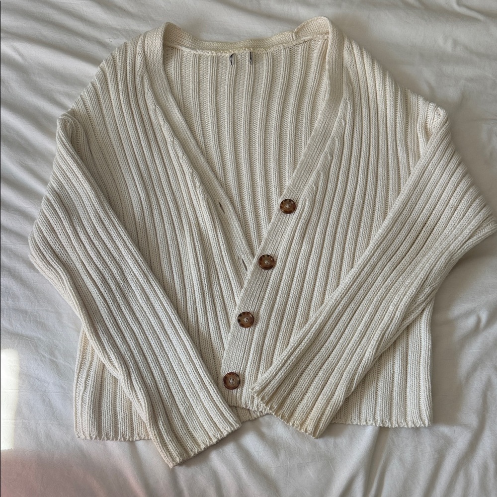 Cream Ribbed Button-Up Sweater